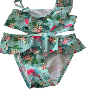 Girls 2 Piece Tropical Slant Shoulder Bathing Suit New 6-7 Years